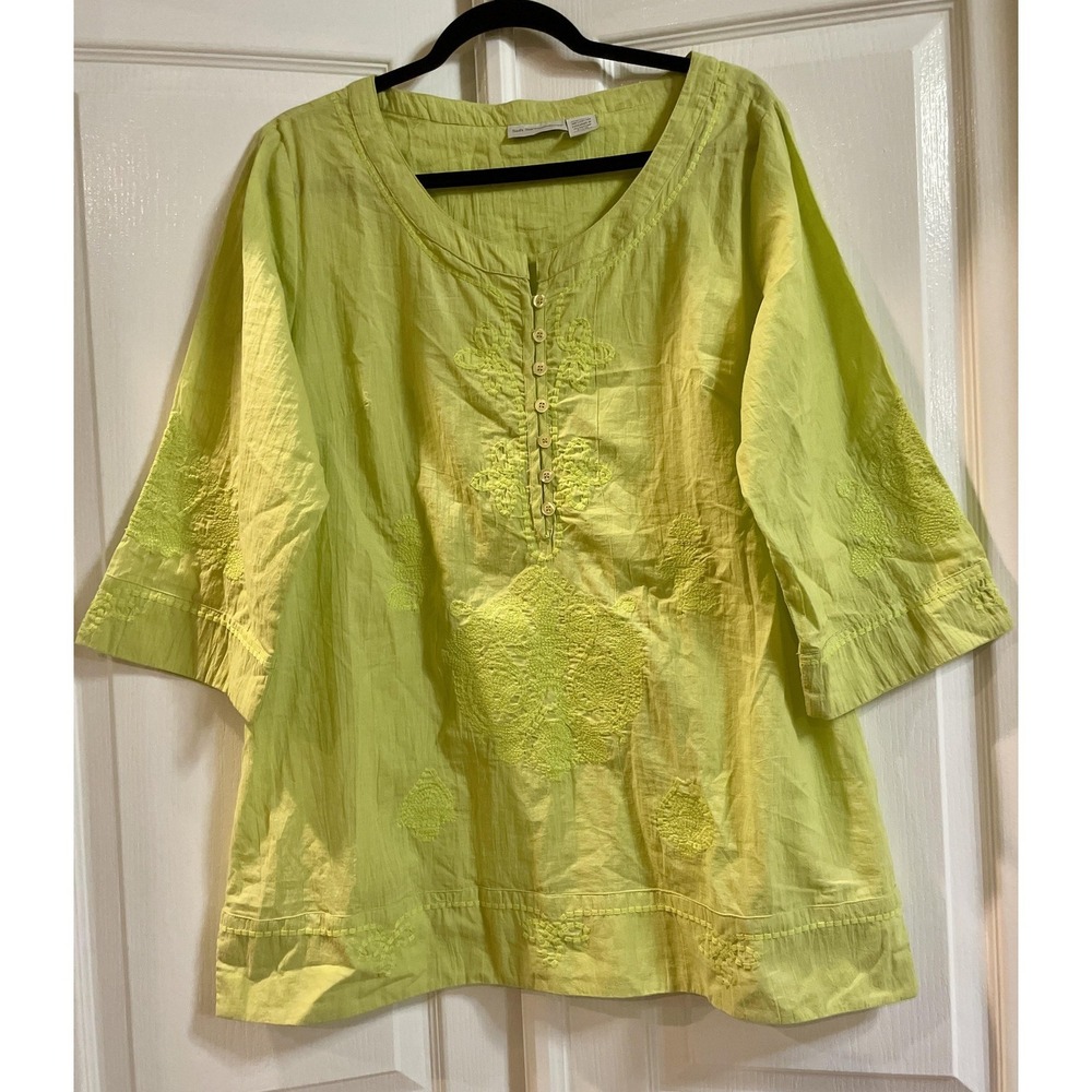 Soft Surroundings Blouse Womens L Green Embroidered Henley 3/4 Sleeve‎ Tunic Top